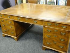 LARGE VICTORIAN STYLE WALNUT PARTNER'S DESK having two banks of flanking four graduated drawers to a