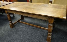 17TH CENTURY-STYLE OAK & ELM REFECTORY TABLE, with turned legs, tied by moulded bar H stretcher, 174