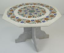 INDIAN PIETRA DURA INLAID WHITE MARBLE CENTRE TABLE of octagonal moulded form, profusely inlaid with