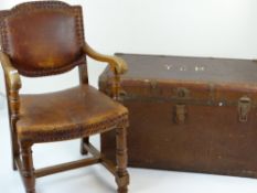 VINTAGE CAROLEON-STYLE OAK & BUTTONED LEATHER ELBOW CHAIR, together with a vintage Eastleigh steamer
