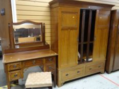 VINTAGE TRIPLE MAHOGANY WARDROBE, matching dressing table with stool and mahogany wash stand (3)