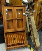 VINTAGE PINE RUSTIC KITCHEN CABINET WITH PLATE RACK, together with a vintage canvas golf bag and