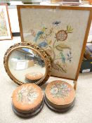 NEEDLEWORK FIRE SCREEN, TWO VICTORIAN FOOT STOOLS & A CIRCULAR GILT FRAMED WALL MIRROR