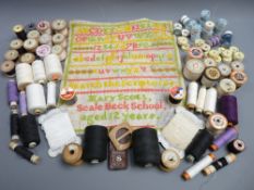 VINTAGE COTTONS & YARNS and a small modern woolwork sampler by Mary Scott, Scalebeck School, Aged 12