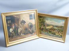 2 NICELY FRAMED COLOURED PRINTS-1-Haymaking scene with numerous figures, 32x47cms and 2-stable scene
