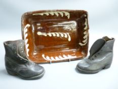 CHILD'S VINTAGE LEATHER BOOTS and an antique slipware dish (chipped and cracked)
