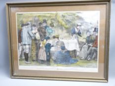 VICTORIAN COLOUR TINTED PRINT titled 'Afternoon Tea at a Lawn Tennis Club Tournament' by E F