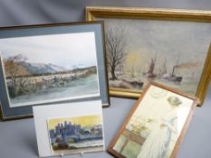 FRAMED PICTURES & PRINTS x 3 along with an unframed watercolour of Conwy Castle, signed Robert