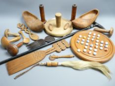VINTAGE & LATER TREEN, ETHNIC CARVED ITEMS including a sycamore butter pat, various darning