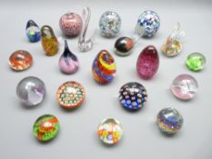 VINTAGE GLASS PAPERWEIGHTS x 20 including millefiori, bird and animal forms and other colourful