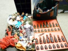 VINTAGE COSTUME DOLLS: A COLLECTION, a boxed moulded chess set (no board), two canvas holdalls, a