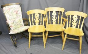 VINTAGE-STYLE WINDSOR ARM CHAIR ROCKER & THREE LIGHTWOOD FARMHOUSE-STYLE CHAIRS various
