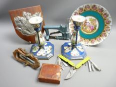 MIXED CRATE OF COLLECTABLES including a pair of porcelain candlesticks, vintage letterbox, Vienna