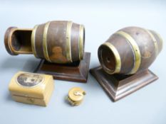 MAUCHLINE WARE TAPE MEASURE CASKET & TWO BRASS BOUND TREEN BARRELS ON STANDS