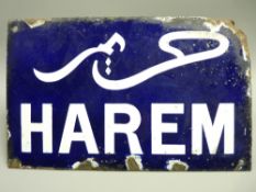 VINTAGE ENAMEL SIGN TITLED 'HAREM', 16 x 25.5cms (some rust and chipped losses)