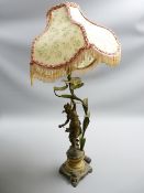 VICTORIAN GILT & PAINTED METAL & ALABASTER TABLE LAMP in the form of a winged lady, the base with