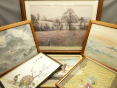 FRAMED PICTURES & PRINTS: A QUANTITY to include two Oriental silk work pictures, two oils on
