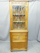 PRIORY-STYLE OAK CORNER DISPLAY CABINET with leaded glass upper door, 183cms high x 69cms wide