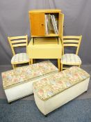 FURNITURE PARCEL; breakfast table, 2 ottomans, cabinet with LP contents etc