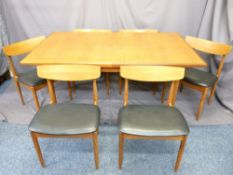 G-PLAN MID-CENTURY EXTENDING TEAK DINING TABLE & SIX CURVED BACK CHAIRS, 73cms high x 91.5cms wide x