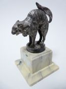 VINTAGE CAR MASCOT - ANGRY CAT standing with arched back, ribbon bow to neck, possibly DUNHILLS LTD,