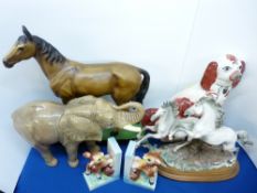 ORNAMENTAL ANIMAL FIGURINES: A QUANTITY including a large plaster horse, a pair of fawn bookends