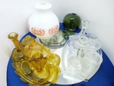 VINTAGE GLASS DRESS TABLE SETS x 2, an as new circular mirror (unframed), a glass fishing net