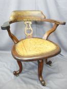 VICTORIAN MAHOGANY SWIVEL OFFICE CHAIR with shaped back and arms, pierced central splat on four