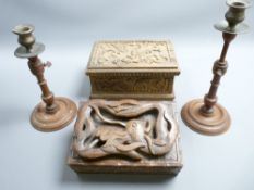 WOODEN CANDLESTICKS & TWO CARVED BOXES, turned candlesticks with extending stems, plated copper