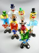 COLOURFUL MURANO GLASS CLOWNS x 6, 30.5cms high the tallest