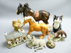 BESWICK COUNTRY ARTIST horses and animal figurines with others and a pottery cottage handmade in