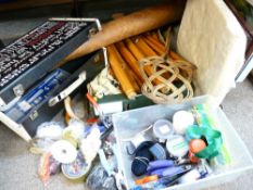 MIXED SELECTION OF HOUSEHOLD GOODS including crafting materials and haberdashery, a vintage carpet