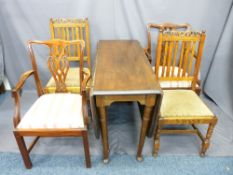 VINTAGE MAHOGANY PAD FOOT TABLE & A HARLEQUIN GROUP OF FOUR CHAIRS (splat back mahogany arm chairs
