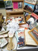 LIDDED NEEDLEWORK BOX & CONTENTS, button tin, embroidered dressing table items and a quantity of