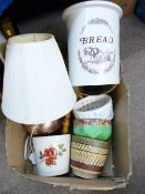 VARIOUS PLANTERS, TABLE LAMPS & A BREAD CROCK