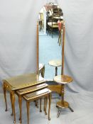 VINTAGE OAK CHEVAL MIRROR, set of 3 occasional tables and a circular top stand