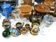 MIXED POTTERY & GLASSWARE: A COLLECTION including copper lustre jugs, stoneware lidded crocks, early