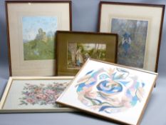 MANNER OF MYLES BIRKETT FOSTER-coloured print, 2 girls and dog raking leaves by a tree,17x24cms, 2