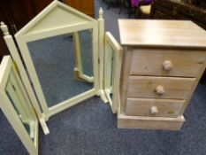 THREE-DRAWER BEDSIDE CHEST & A TRIPLE DRESSING TABLE MIRROR various measurements