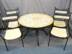 MOSAIC-EFFECT CONSERVATORY SUITE of circular topped table and four armchairs with upholstered seat