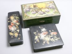 DECORATIVE BOXES x 3 including a green jewellery box with printed top decoration and two floral