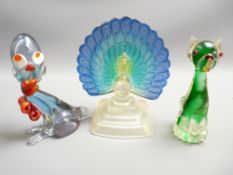 ITALIAN-TYPE & OTHER ORNAMENTAL GLASS ANIMALS including an interesting moulded glass peacock with
