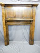 VINTAGE OAK FIRE SURROUND with panel back top and mantel shelf, 182cms high x 151cms wide