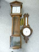 REPRODUCTION VIENNA-TYPE WALL CLOCK & AN OAK FRAMED BAROMETER WITH THERMOMETER the clock twin weight