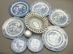 LATE 18TH CENTURY CREAMWARE LATTICE BASKET possibly Leeds pottery and other blue and white wear, 7.