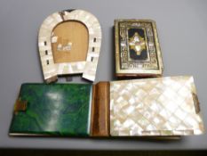 VICTORIAN PHOTOGRAPH ALBUMS x 2 & HORSESHOE SHAPED PHOTOGRAPH FRAME, all having applied or inlaid