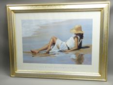 LOUIS RIBAS-COLOURED PRINT, lady reclining on a beach -'Contemplation', 37x58cms