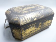 ORIENTAL BLACK LACQUER & GILT CHINOISERIE DECORATED LIDDED BOX with brass carry handles, 29cms