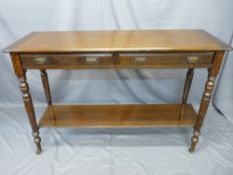 EDWARDIAN MAHOGANY SERVER TABLE the cleated end rectangular top over two frieze drawers with cutlery