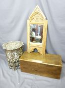EASTERN HEXAGONAL BONE & MOTHER-OF-PEARL INLAID TABLE, lidded pine box, Gothic-style stripped pine
